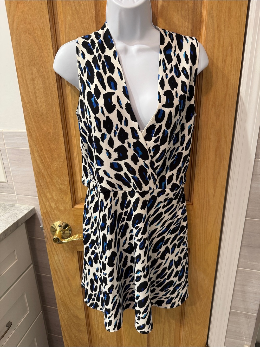 cooper & ella White Sleeveless Animal Print Mini Dress with Blue & Black Spots